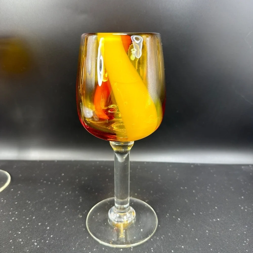 Pier 1 Hand Blown Art Glass Cups Glasses Set 2 Amber Red Yellow Swirl Stripe